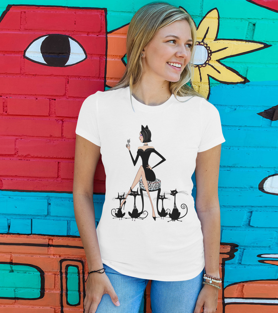 Stylish Cat Lady With Elegant Black Cats And Wine T-Shirt