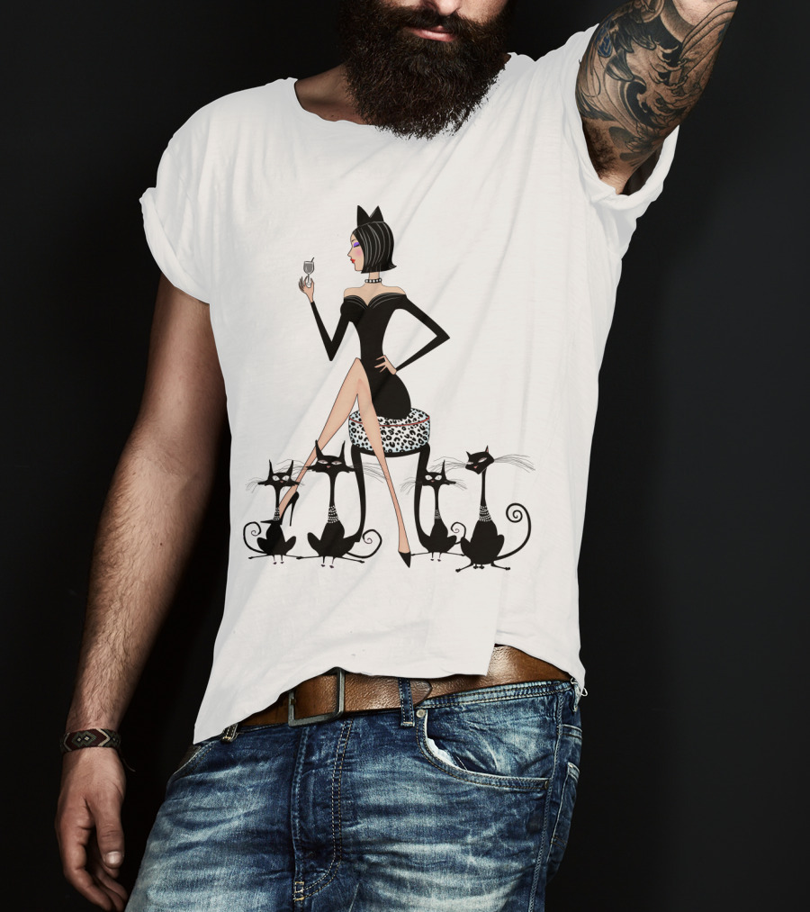 Stylish Cat Lady With Elegant Black Cats And Wine T-Shirt