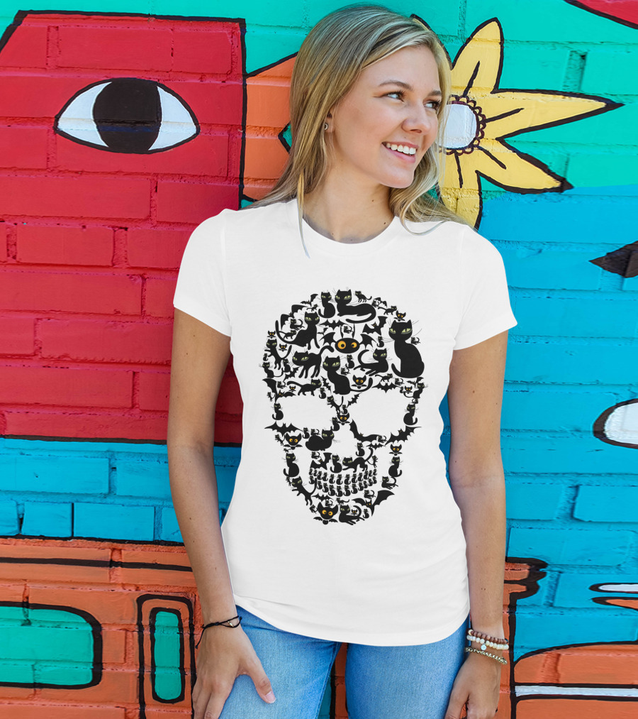Cat Skull Bat Eyes Halloween Cats T-Shirt