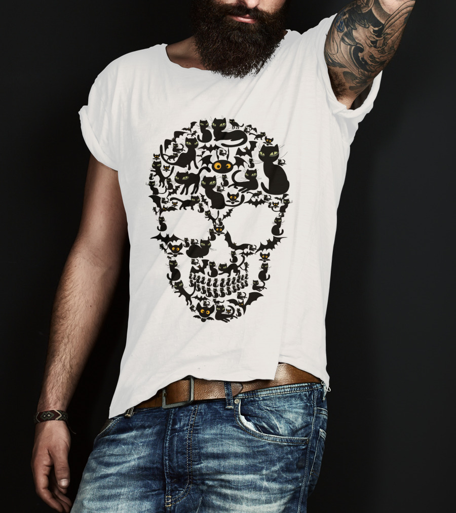 Cat Skull Bat Eyes Halloween Cats T-Shirt