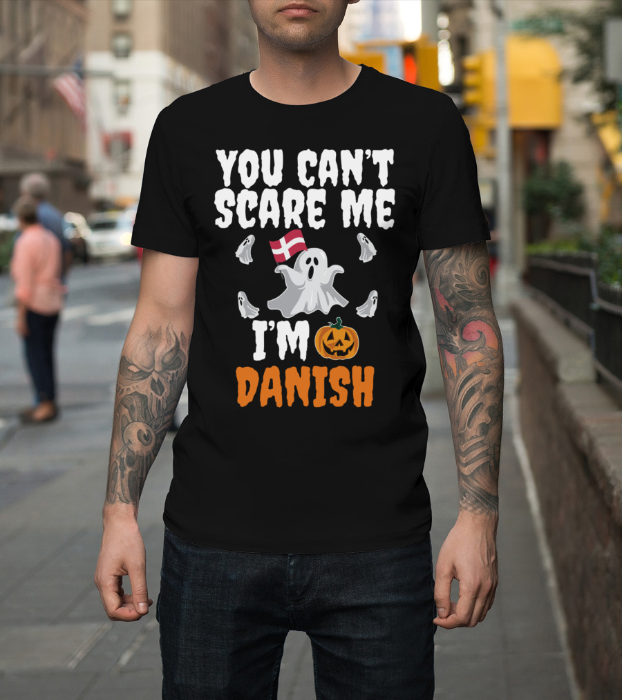 You Can't Scare Me I'm Danish Ghost with Denmark Flag Pumpkin Halloween T-Shirt