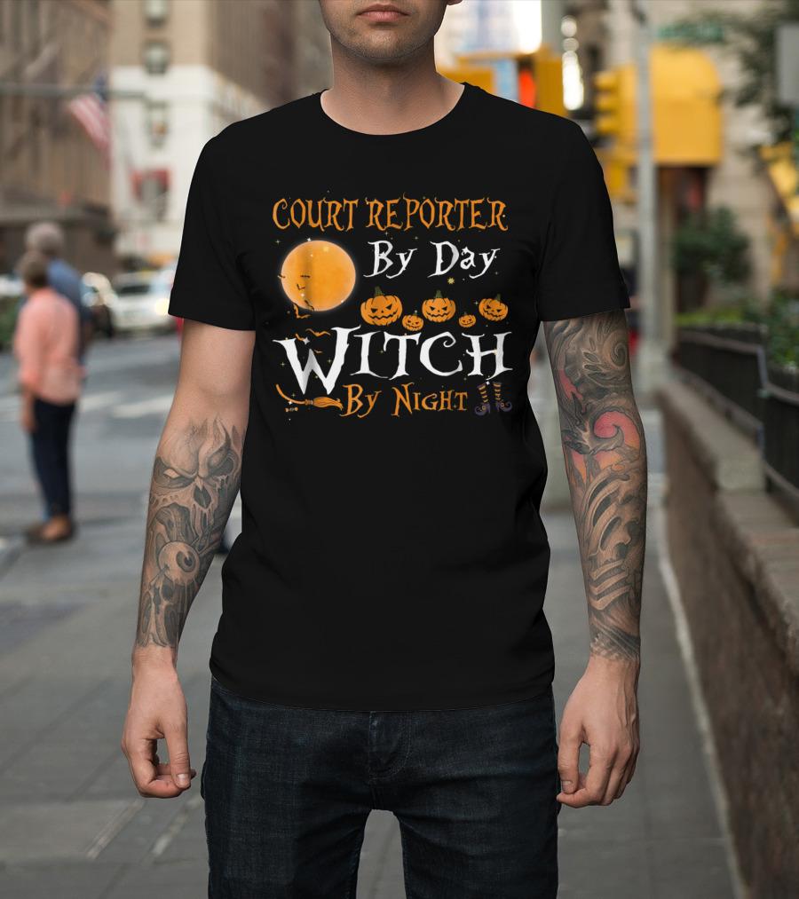 Court Reporter By Day Witch By Night Halloween Pumpkins Moon Bats T-Shirt
