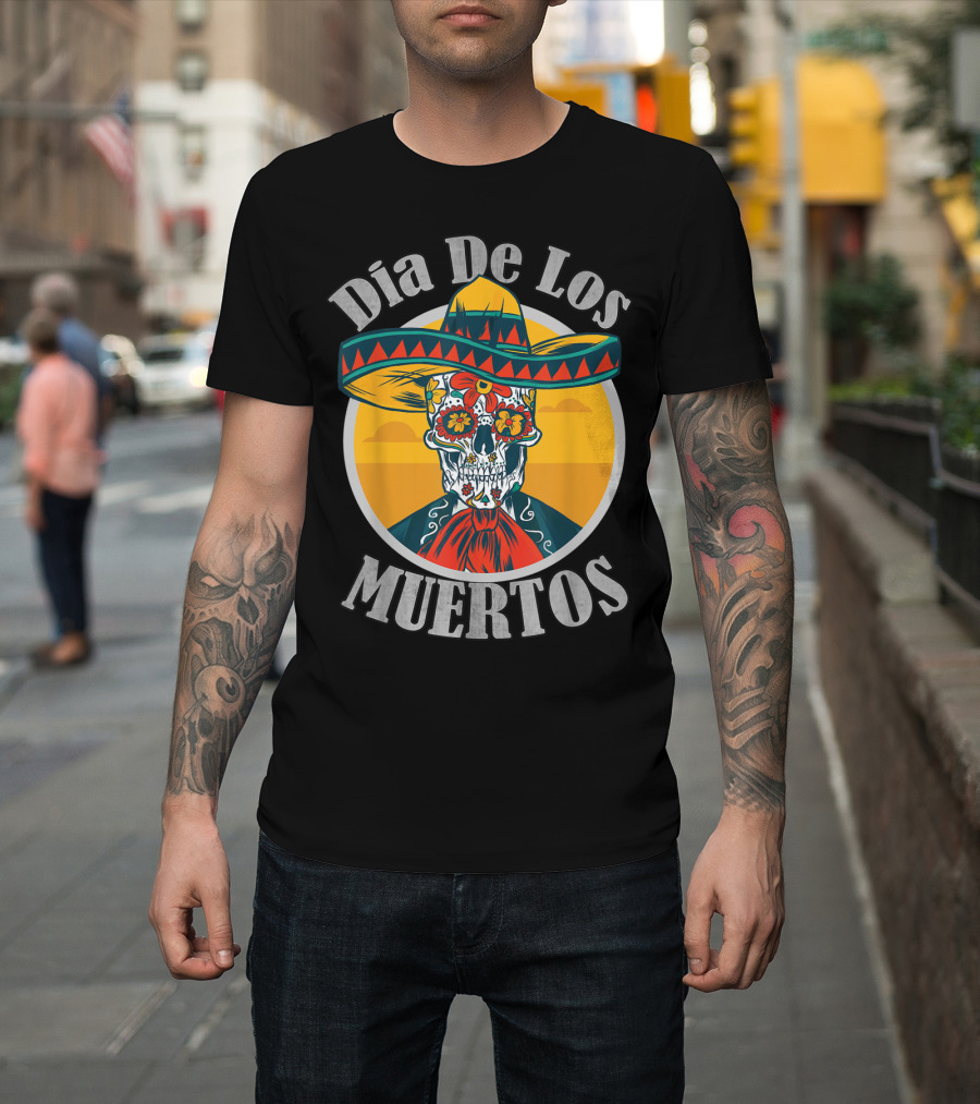 Dia De Los Muertos Colorful Skull with Sombrero T-Shirt
