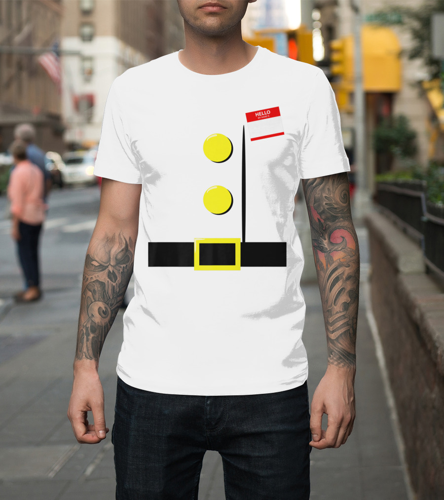 Dwarf Halloween Group Costume Hello My Name Is Plaque Belt Buckle Yellow Buttons T-Shirt