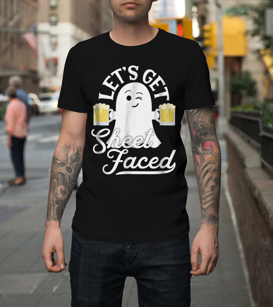 Let's Get Sheet Faced Ghost Holding Beer Mugs Halloween Fun T-Shirt