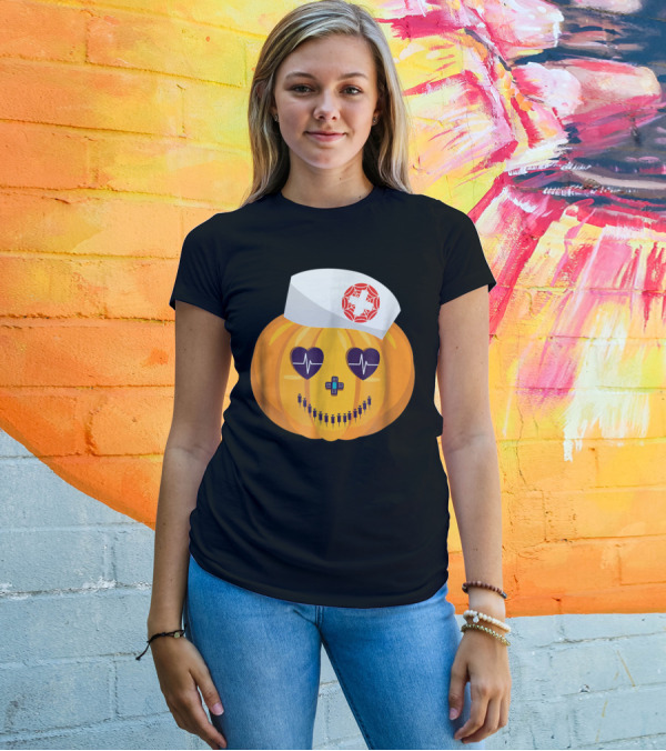 Nursing Student Halloween Pumpkin Heartbeat Nurse Cap T-Shirt