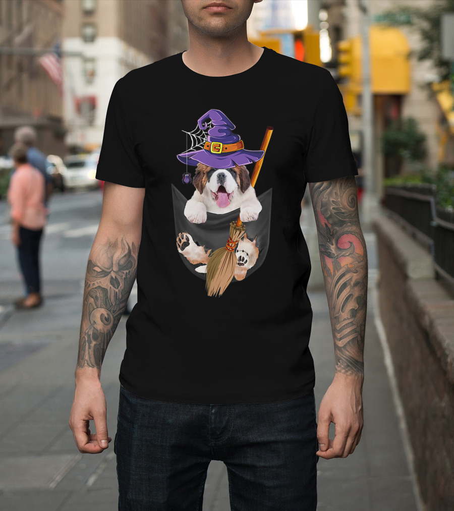 Saint Bernard Dog In Witch Hat With Broom And Spider Web T-Shirt