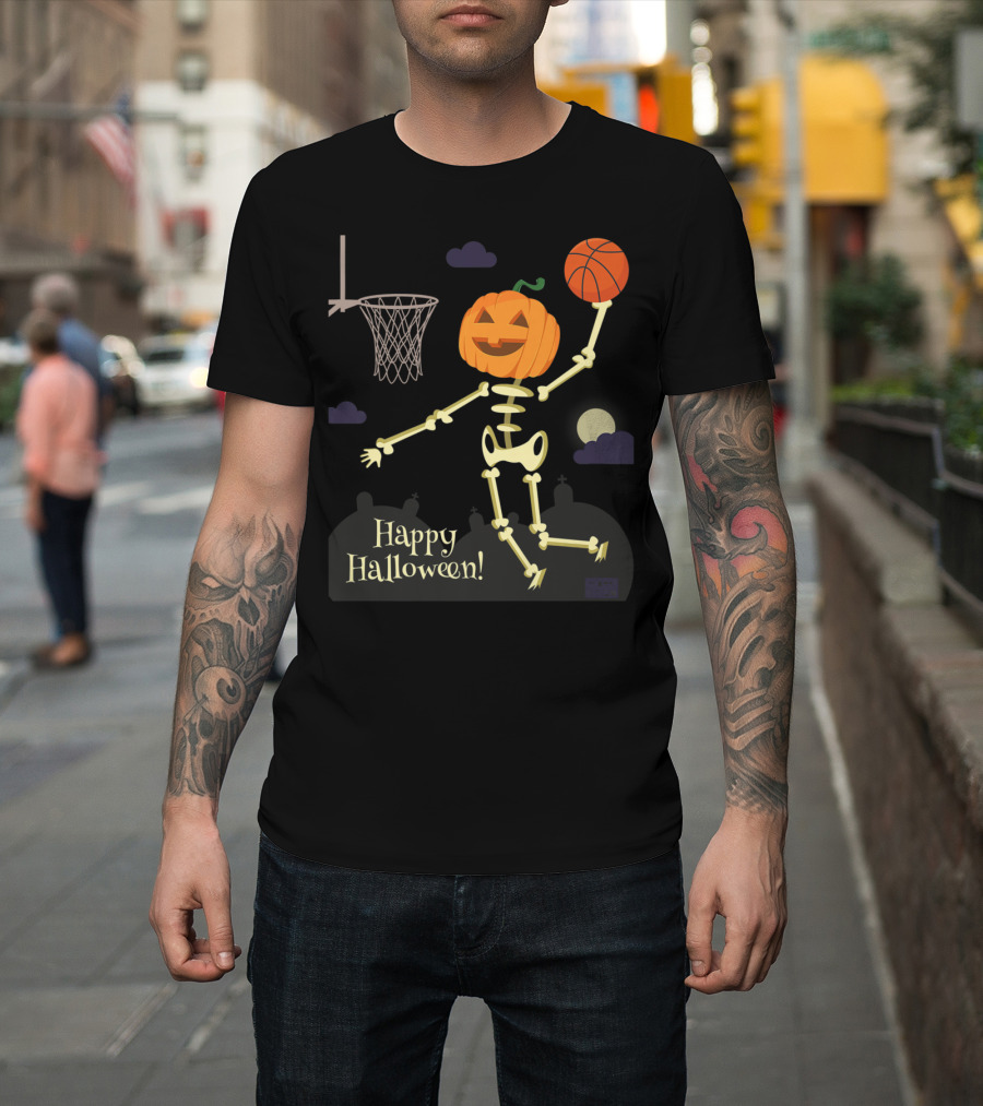 Happy Halloween Pumpkin Head Skeleton Dunking Basketball T-Shirt