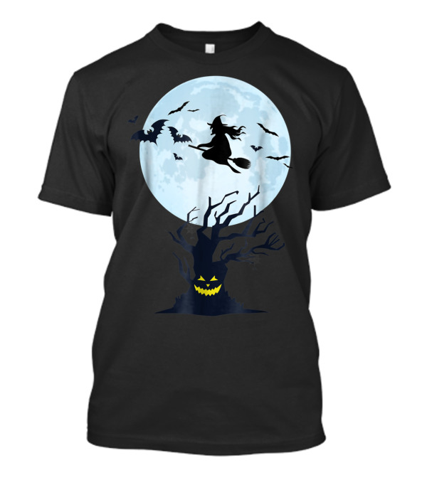 Witch Silhouette Flying Over Moon With Bats And Sinister Grinning Tree T-Shirt