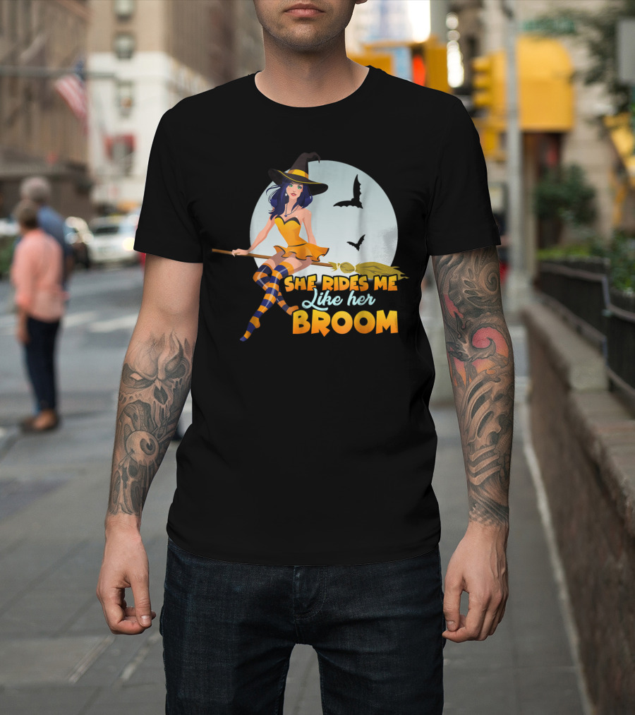 She Rides Me Like Her Broom Witch Full Moon Bats T-Shirt