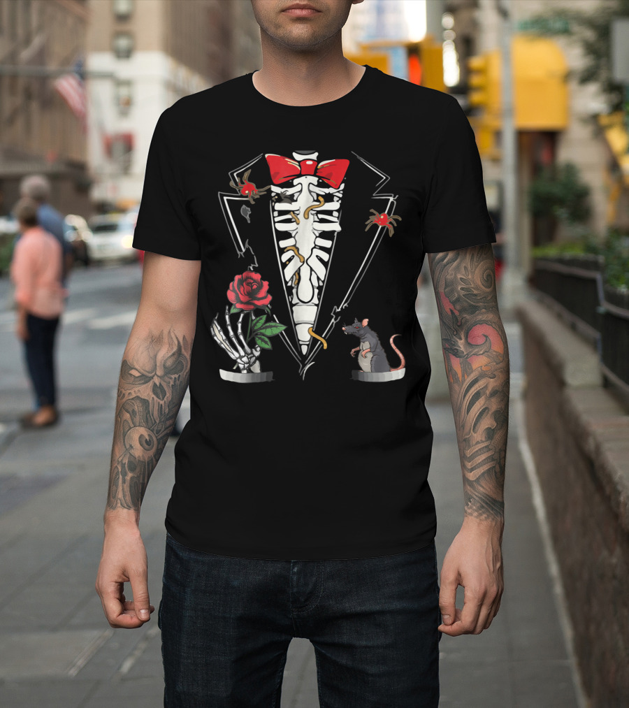 Skeleton Halloween Tuxedo with Bow Tie Rose and Rat T-Shirt