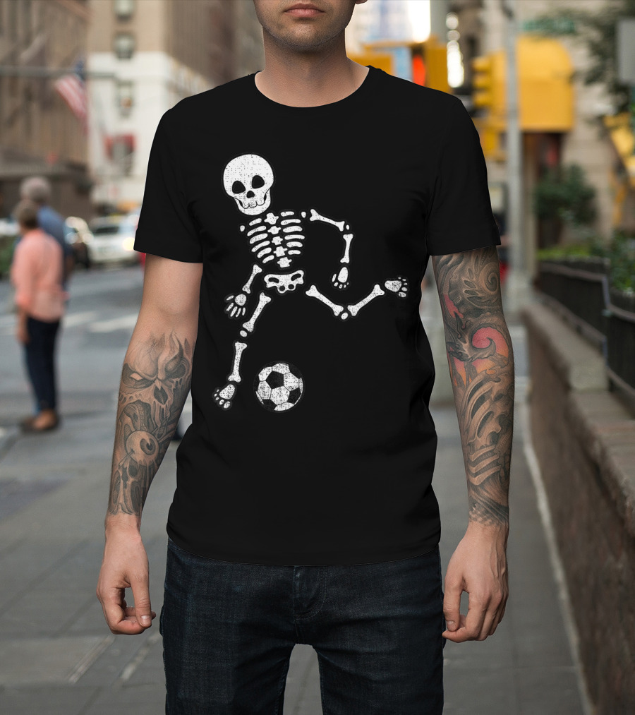 Skeleton Kicking Soccer Ball Halloween Sport Player T-Shirt