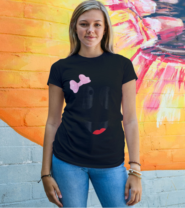 Spooky Face Ghost Girl Easy Pink Bow Black Smiley T-Shirt