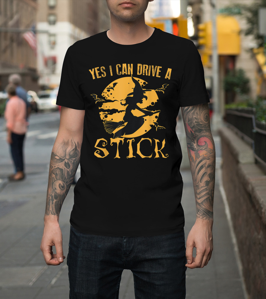 Yes I Can Drive A Stick Witch Riding Broom Halloween Moon Bats T-Shirt