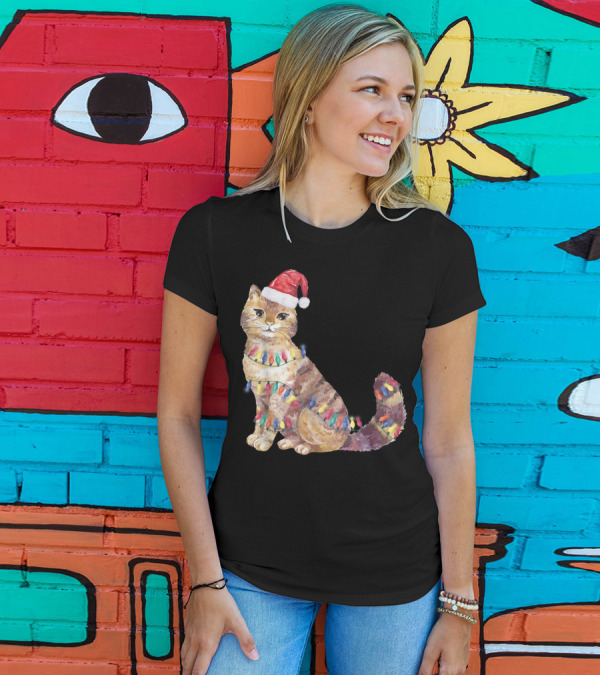 Santa Cat Christmas Lights Cat Lover Cat Festive Holiday Kitten T-Shirt