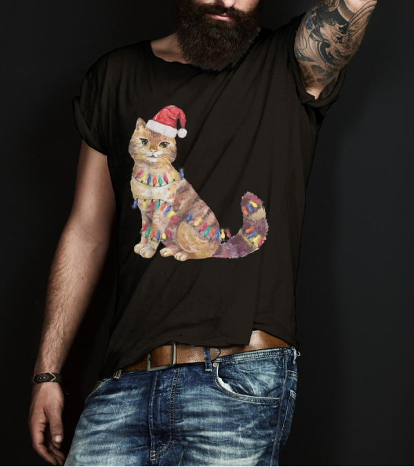 Santa Cat Christmas Lights Cat Lover Cat Festive Holiday Kitten T-Shirt