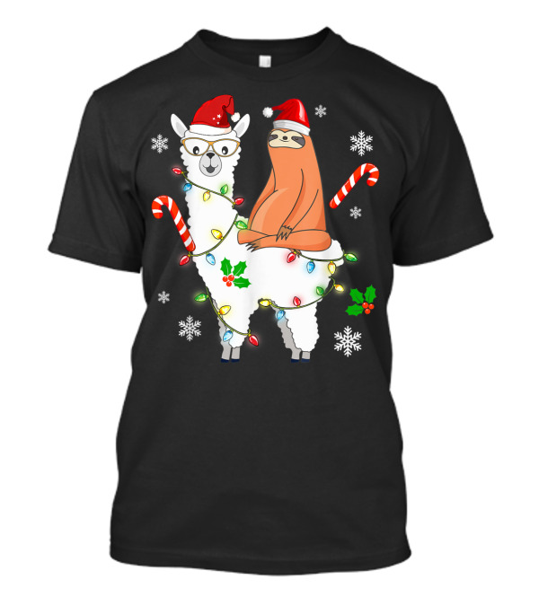 Santa Sloth On Llama With Christmas Lights And Candy Canes T-Shirt