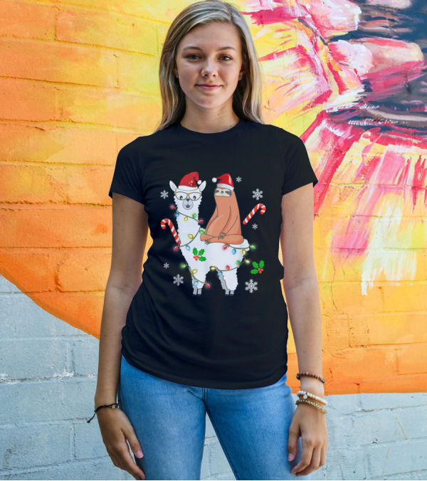 Santa Sloth On Llama With Christmas Lights And Candy Canes T-Shirt