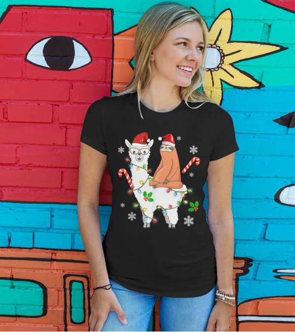 Santa Sloth On Llama With Christmas Lights And Candy Canes T-Shirt