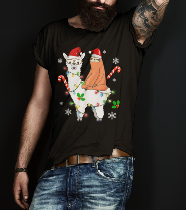 Santa Sloth On Llama With Christmas Lights And Candy Canes T-Shirt