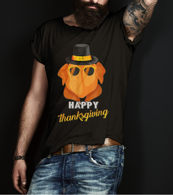 Happy Thanksgiving For Friends Funny Turkey Head With Hat And Sunglasses T-Shirt