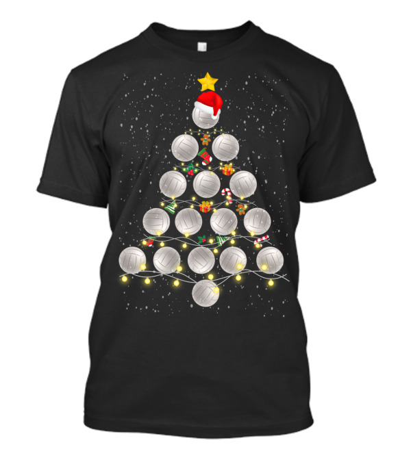Volleyball Balls Christmas Tree With Santa Hat And Festive Lights T-Shirt
