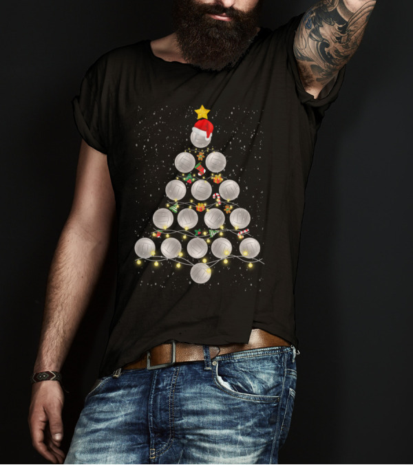 Volleyball Balls Christmas Tree With Santa Hat And Festive Lights T-Shirt