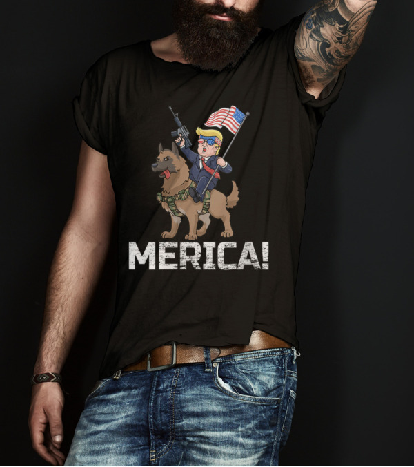 Trump Merica Belgian Malinois Dog With American Flag And Gun T-Shirt