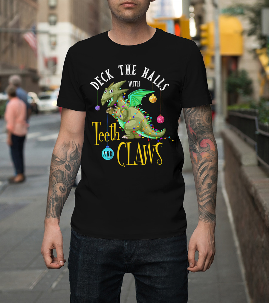 Deck The Halls With Teeth And Claws Dinosaur Holiday Lights T-Shirt