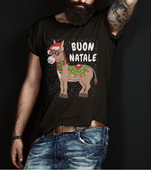 Buon Natale Donkey With Santa Hat And Scarf Christmas Lights T-Shirt