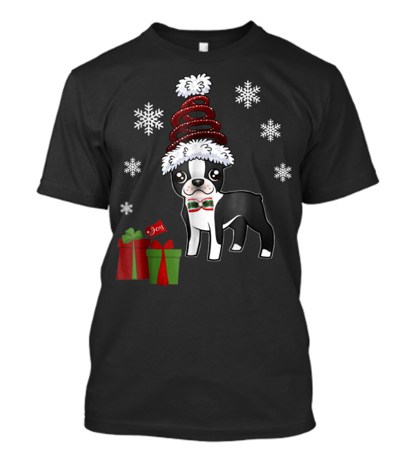 Funny Boston Terrier Christmas Joy Snowflakes And Gifts T-Shirt