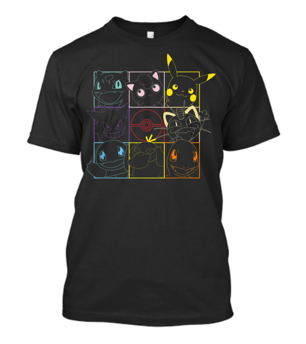 Pokemon Bulbasaur Jigglypuff Pikachu Gengar Pokeball Meowth Squirtle Psyduck Charmander Grid T-Shirt