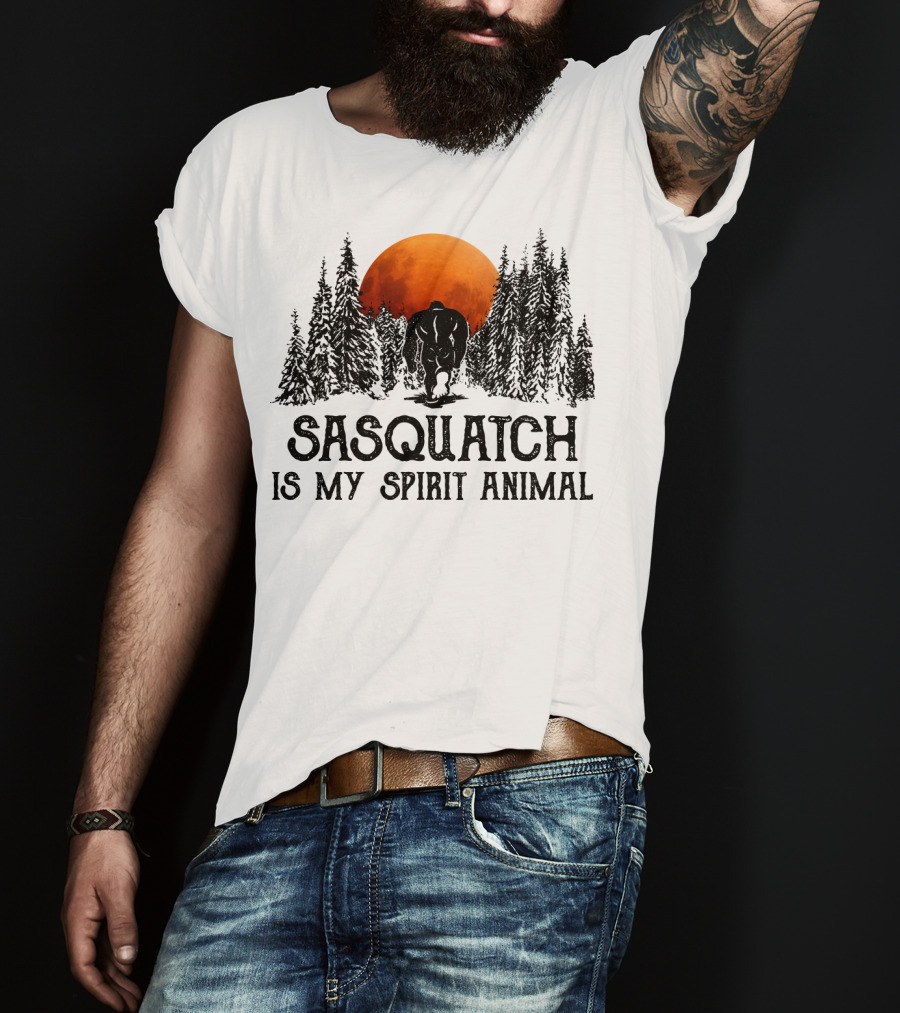 Sasquatch Is My Spirit Animal Forest Silhouette With Orange Moon T-Shirt