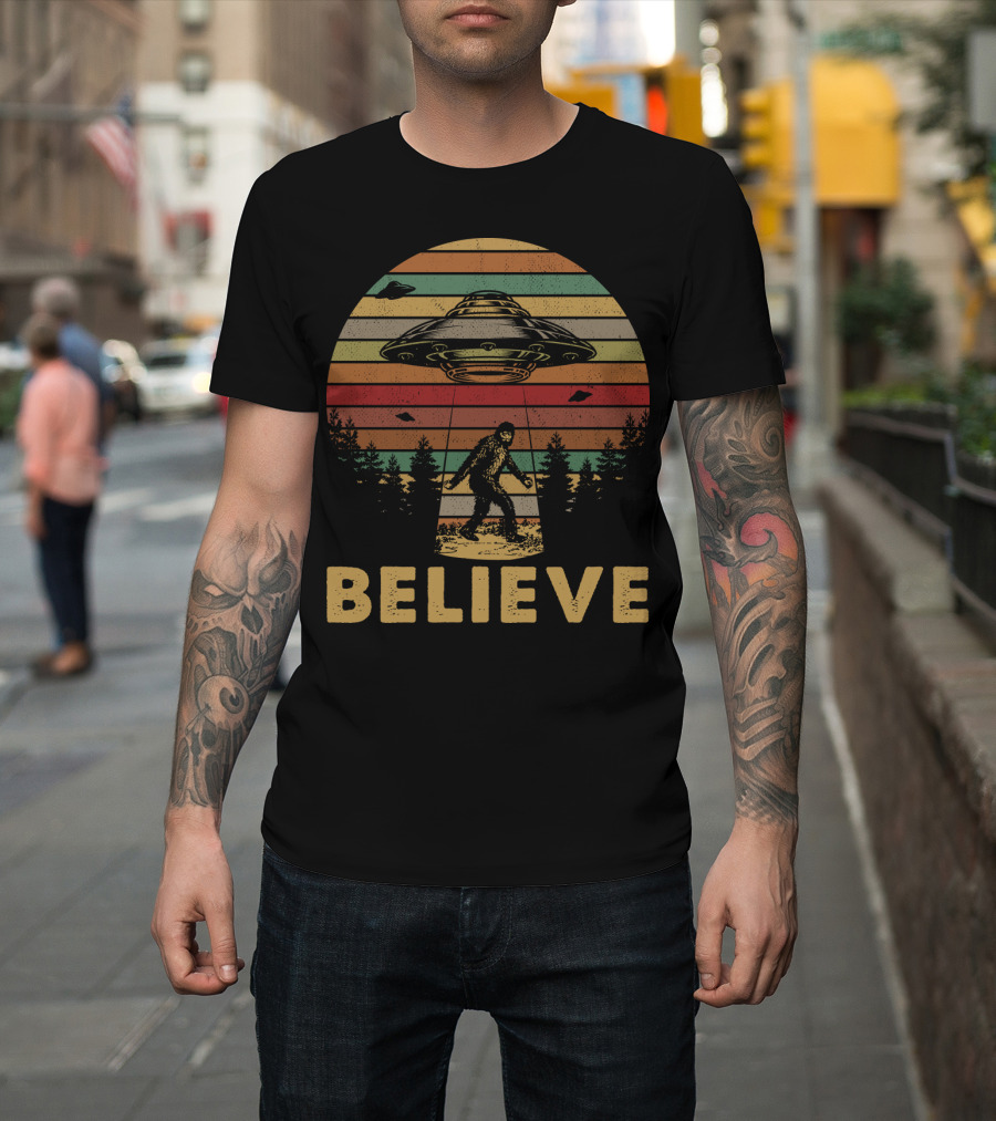 Believe Bigfoot UFO Vintage Stripes Forest Retro T-Shirt