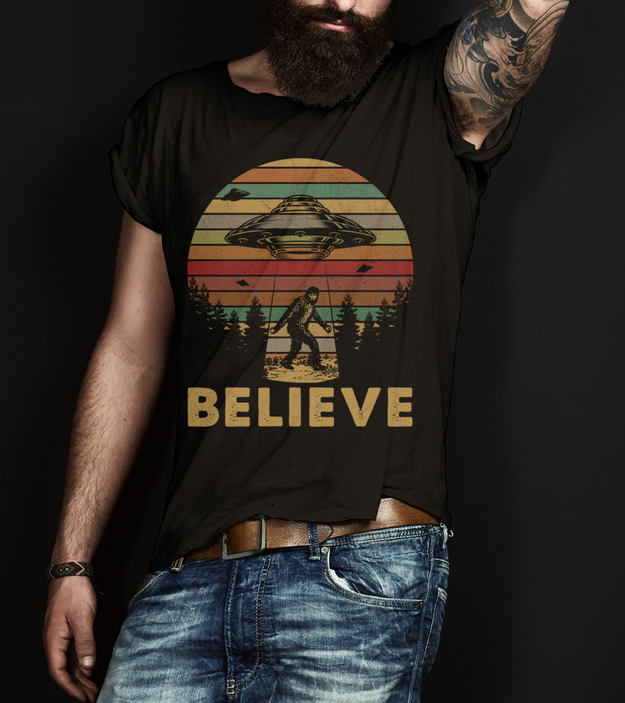 Believe Bigfoot UFO Vintage Stripes Forest Retro T-Shirt