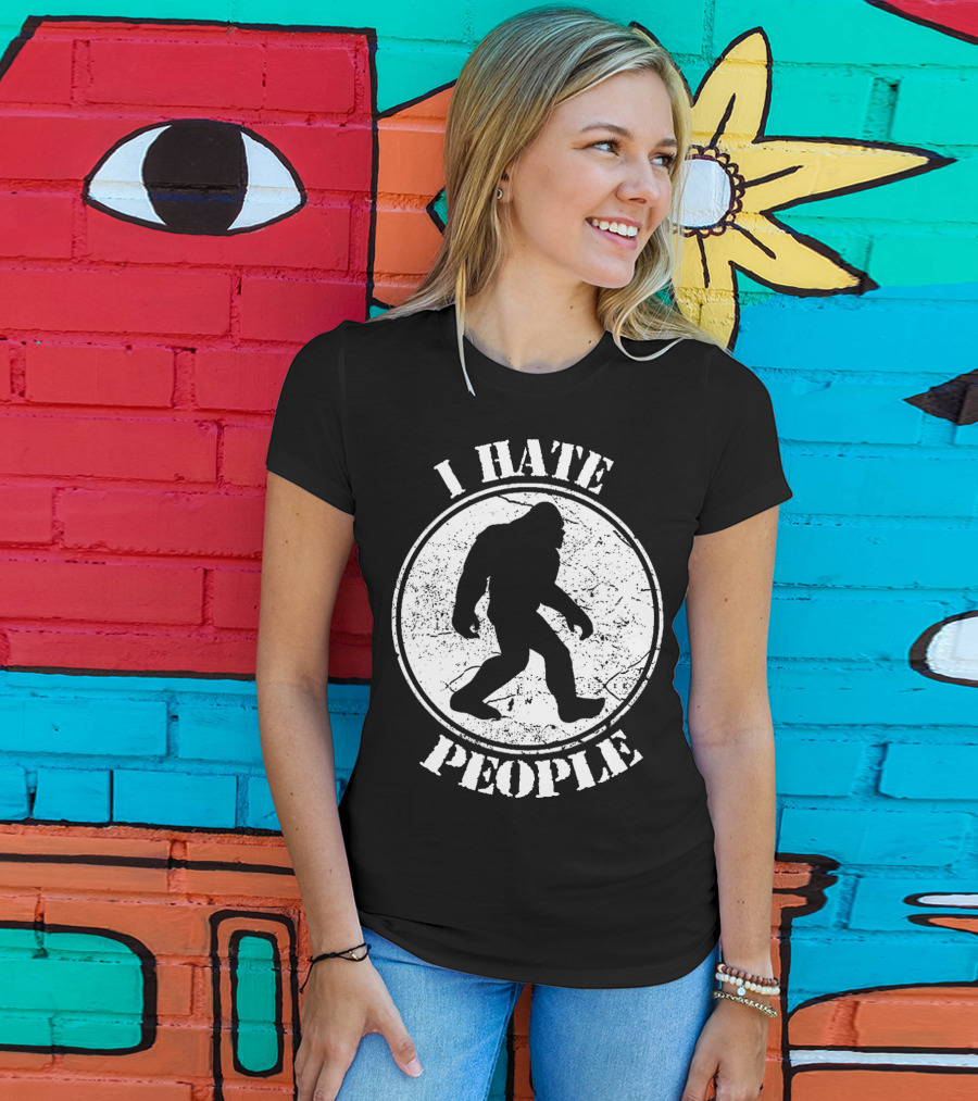 I Hate People Bigfoot Silhouette Walking In Circle T-Shirt