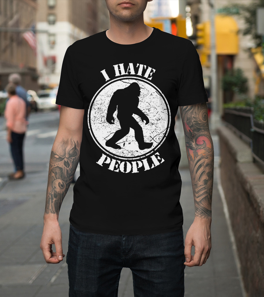 I Hate People Bigfoot Silhouette Walking In Circle T-Shirt
