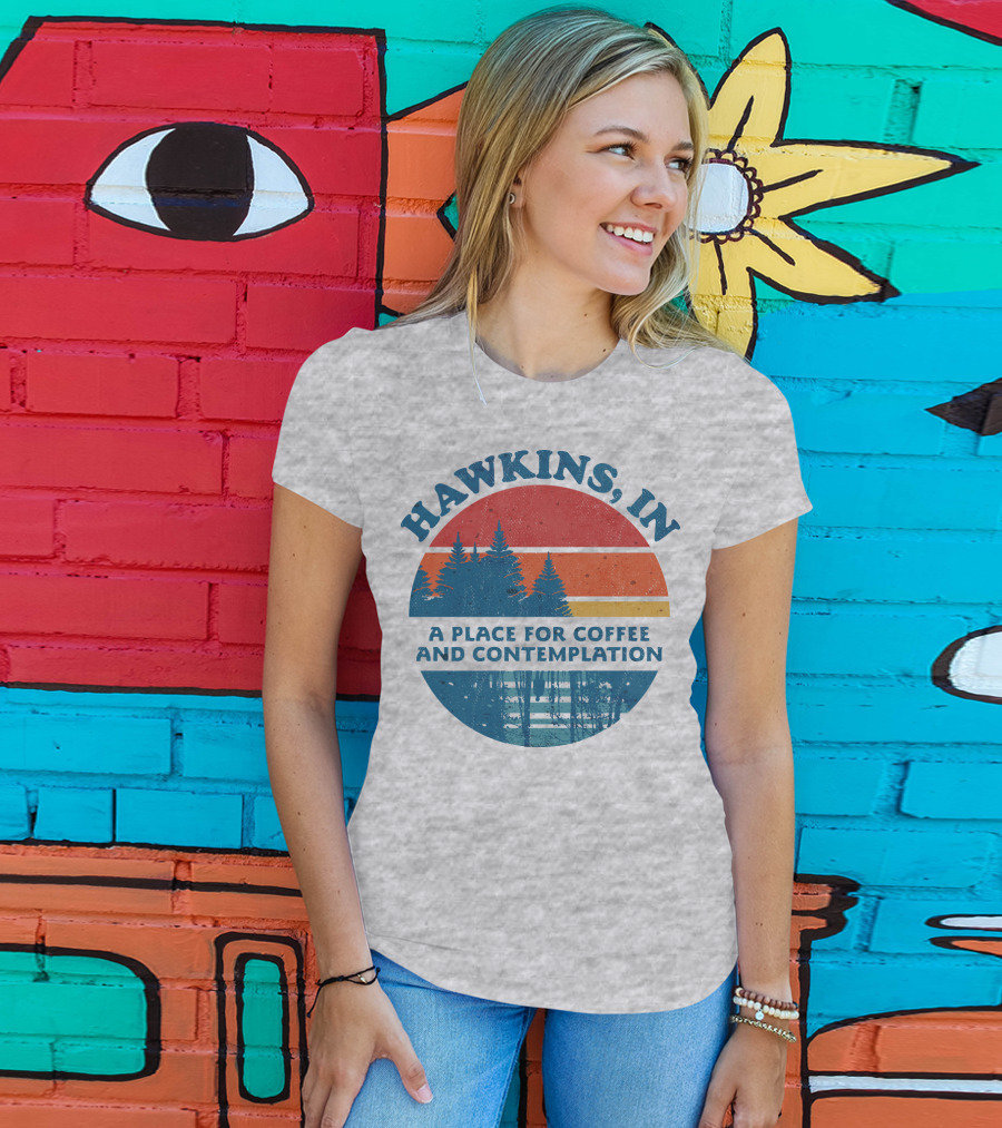 HAWKINS, IN A Place For Coffee And Contemplation Vintage Forest Sunset Circle T-Shirt
