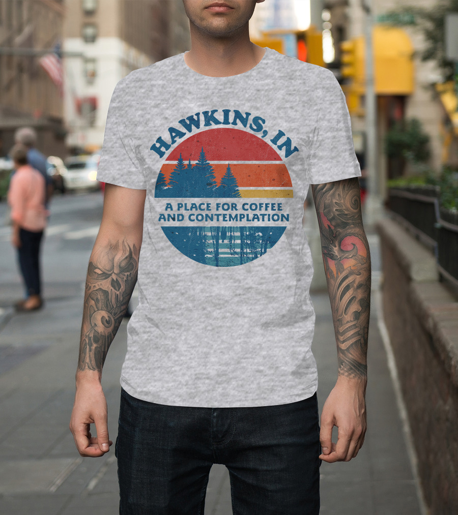 HAWKINS, IN A Place For Coffee And Contemplation Vintage Forest Sunset Circle T-Shirt