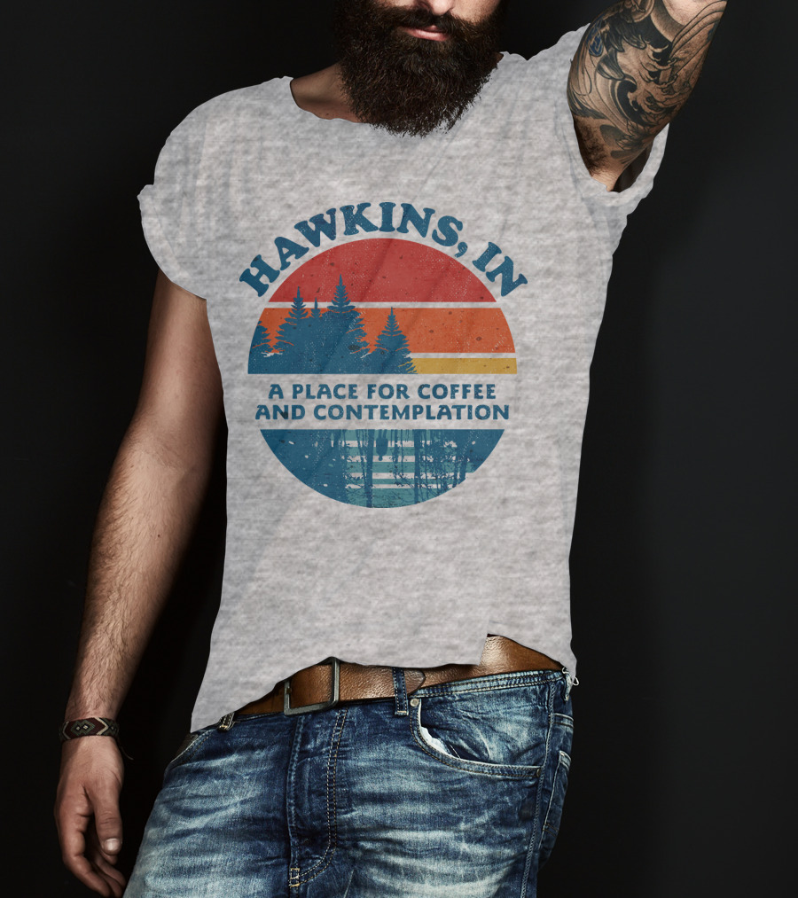 HAWKINS, IN A Place For Coffee And Contemplation Vintage Forest Sunset Circle T-Shirt
