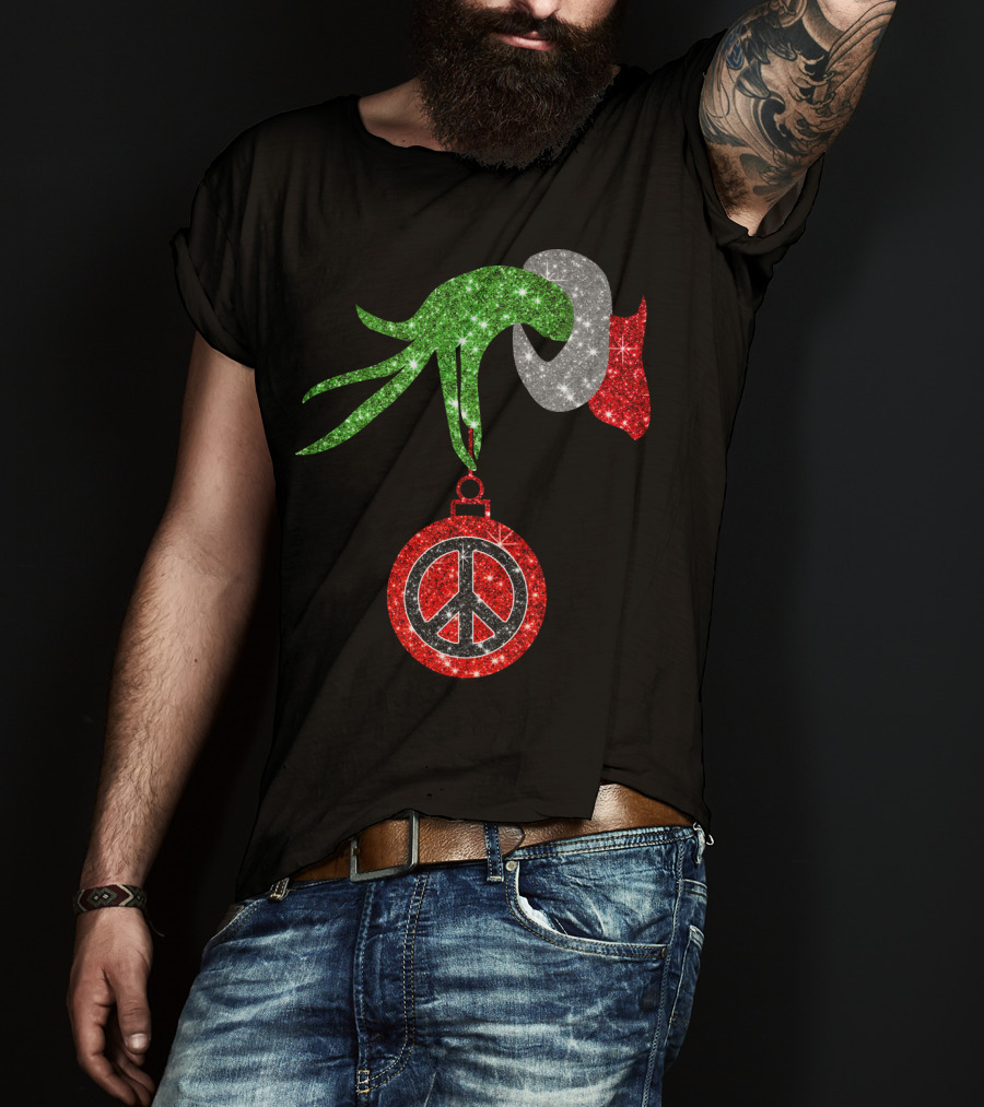 Grinch Hand Holding Peace Sign Ornament Christmas Hippie T-Shirt
