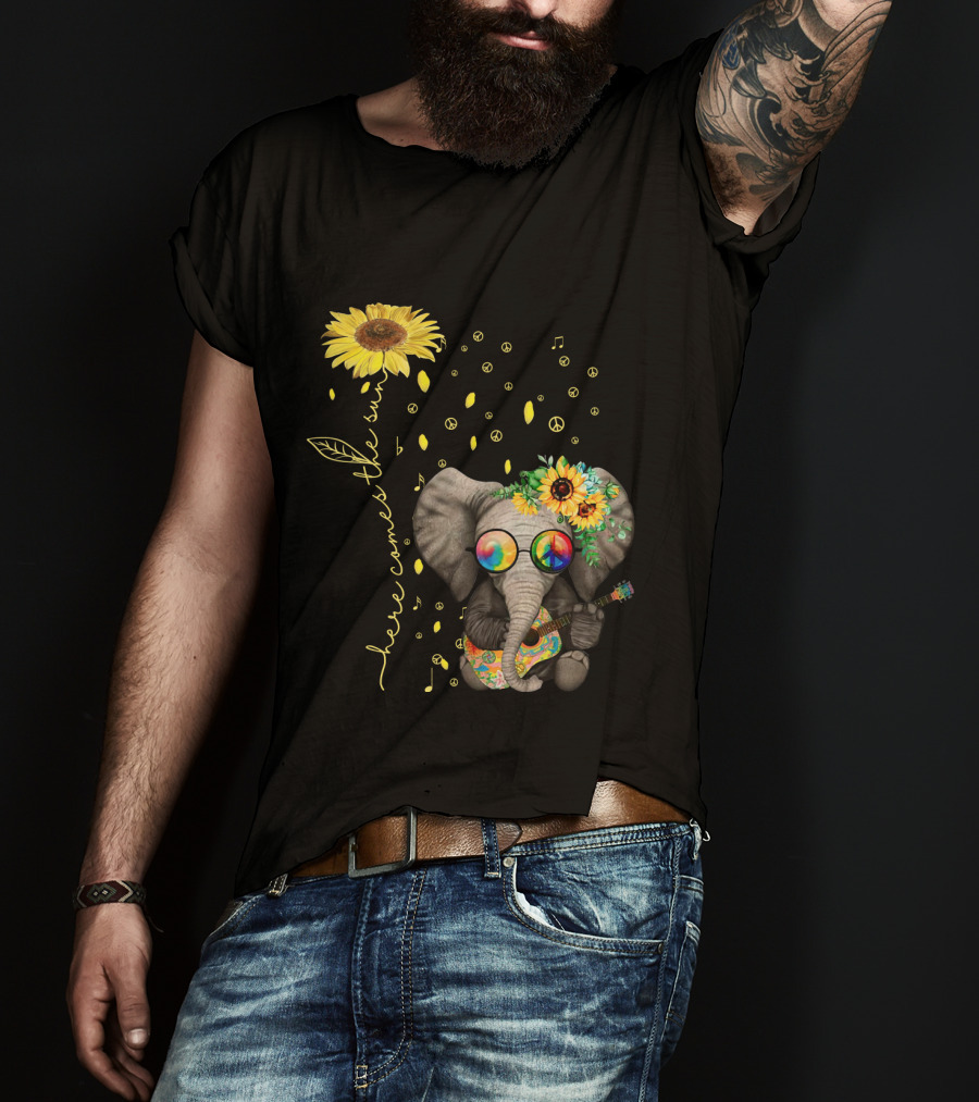 Here Comes The Sun Elephant With Sunflower And Peace Symbols T-Shirt