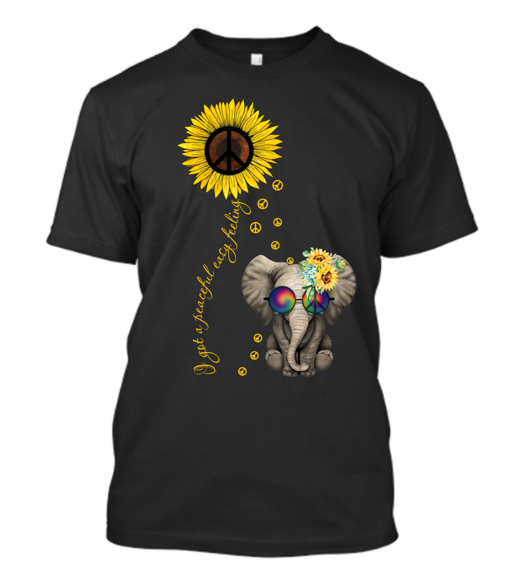 I Got A Peaceful Easy Feeling Elephant With Sunflower And Peace Symbols T-Shirt