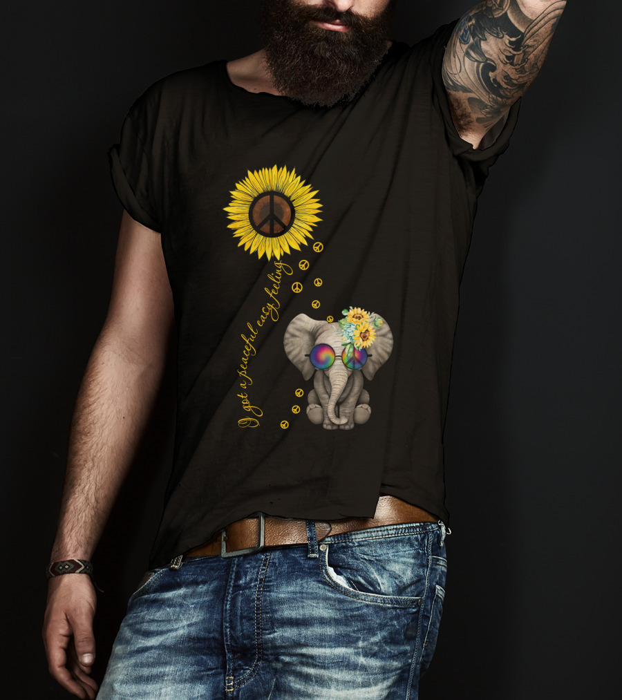 I Got A Peaceful Easy Feeling Elephant With Sunflower And Peace Symbols T-Shirt