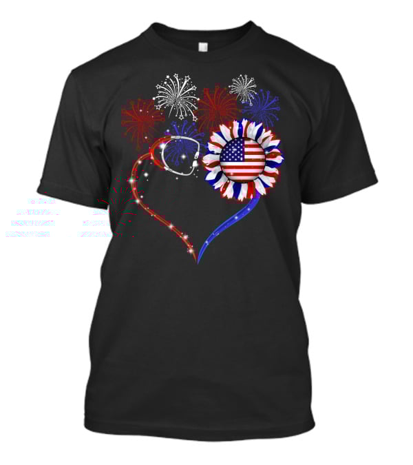 Nurse Patriotic Heart With American Flag And Fireworks T-Shirt