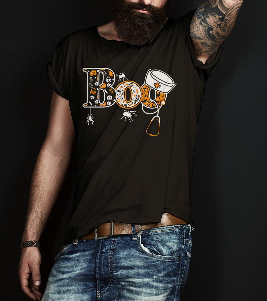 Boo Nurse Halloween Stethoscope Spider Hat T-Shirt