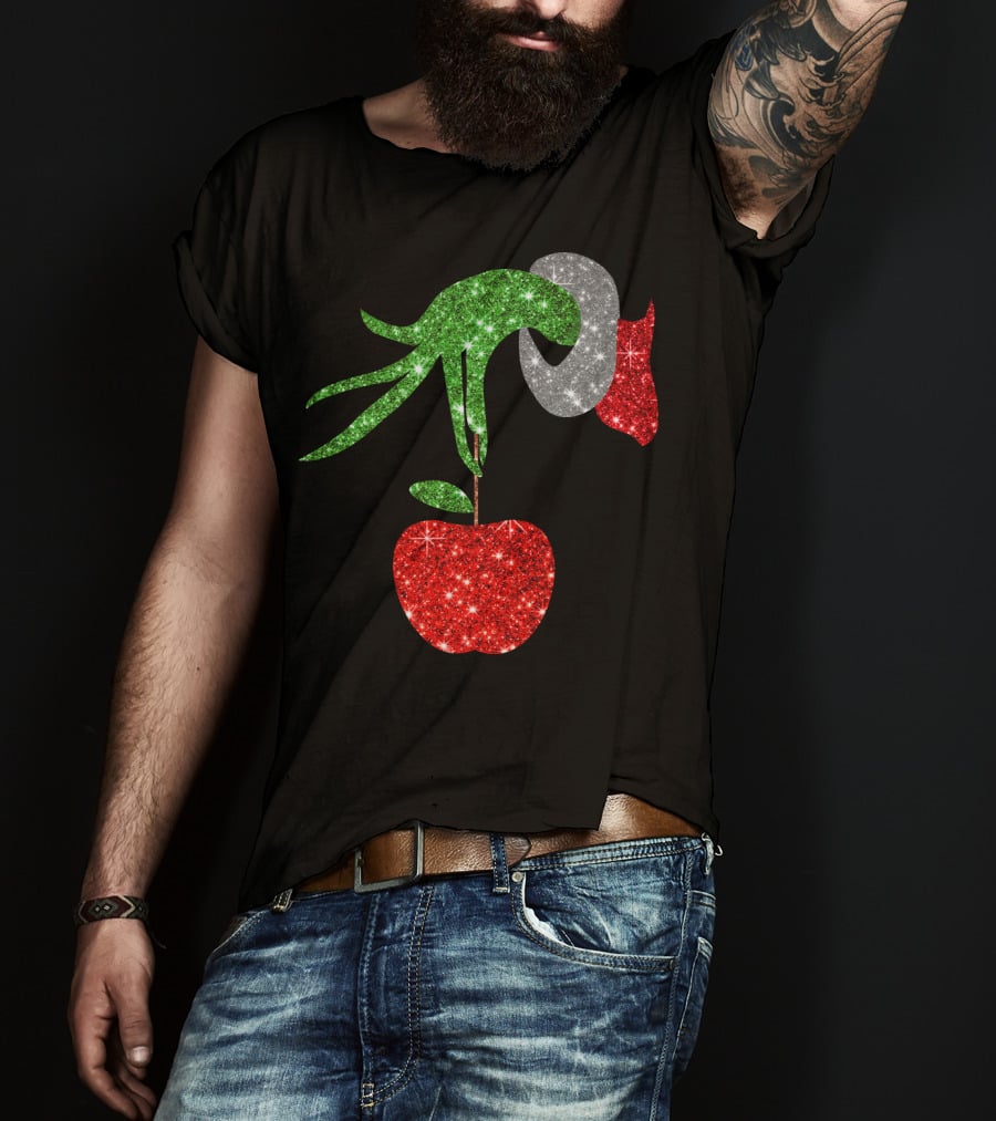 Green Grinch Hand Holding Shiny Red Apple T-Shirt