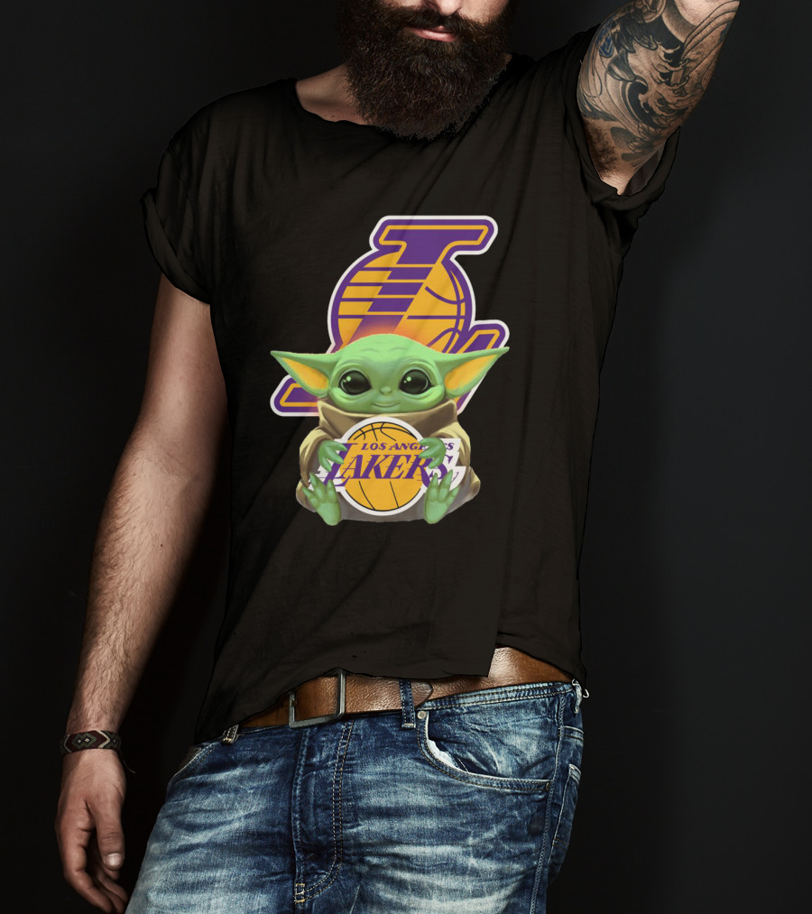 Los Angeles Lakers Baby Yoda Holding Basketball T-Shirt