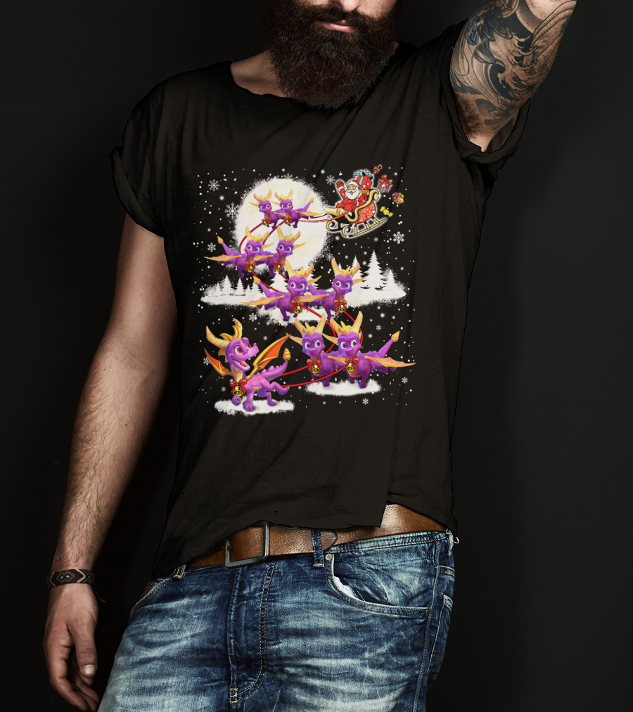 Santa's Sleigh Pulled By Purple Dragon Reindeer T-Shirt