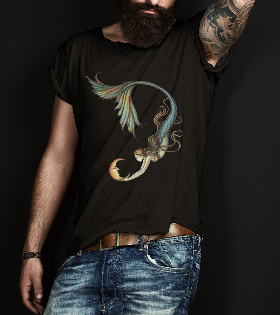 Mermaid Embrace With Smiling Crescent Moon T-Shirt